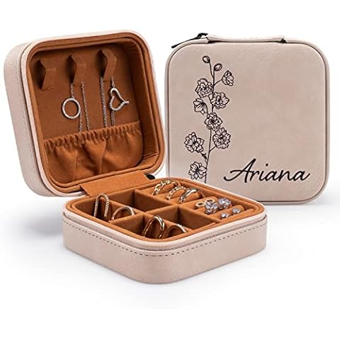 VUBU GIFTS Personalized Travel Jewelry Case for Mom from Daughter, Jewelry Travel Organizer | Custom Jewelry Box for Women w/Name & Birth Flower Month (A- Soft Pink) Cover
