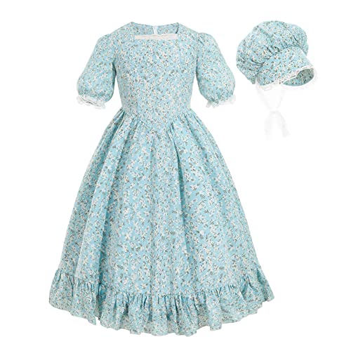 Nuoqi Pioneer Dresses for Girls Prairie Girl Dress Colonial Girl Costume 8-9 Light Blue