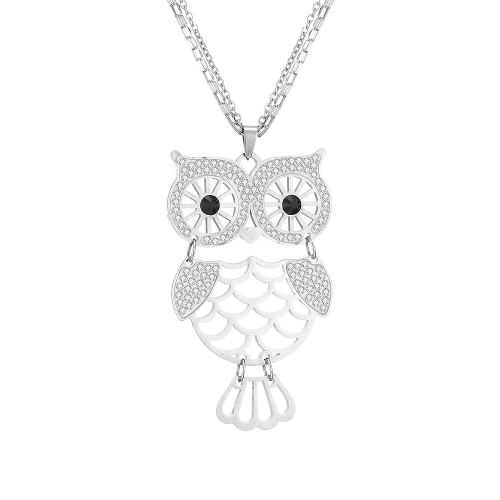 PengjinDouble-Layer Anti-Allergy Stainless Steel Long Necklace Animal Pendant Owl with Shining Crystal Fashion Jewelry Women Necklace Sweater Chain Gift for Friends, Mom