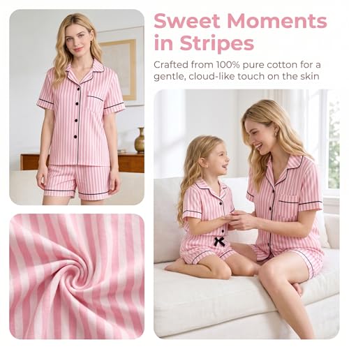 LANKMEI 100% Cotton Womens Short Sleeve Pajama Sets, Pink Stripes, X-Large - image 8