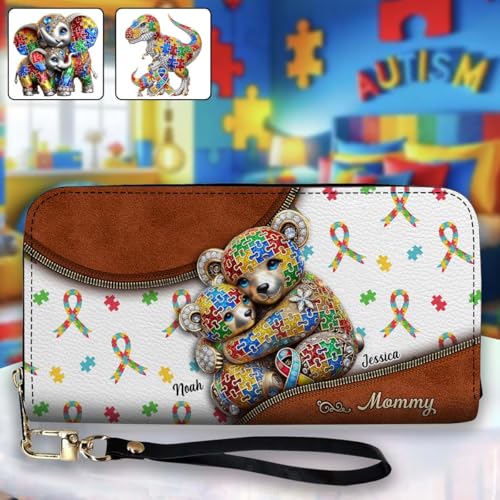 Autism Mom - Personalized Autism Awareness Leather Long Wallet, Women PU Leather Wallet with Credit Card Holder Multiple Card Slots Clutch Zip Around Purse2