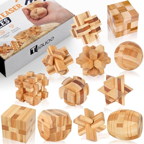 Tuauoe Wooden Brain Teaser Puzzles, 12pcs 3D Brain Teasers for Adults Teens Kids, Logic Mind Puzzle Box Lock Toy Removing Assembling 3D Small Puzzle Gift Set, Small 3D Unique IQ Hand Puzzles