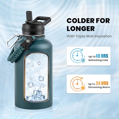Image of RAYMYLO Insulated Water Bottle 64 oz, Triple Wall Vacuum Stainless Steel (Cold for 48 Hrs), Leak Proof & Non-BPA, Half Gallon Water Flask Jug with Paracord Handle & Straw Spout Lids, Dark Green