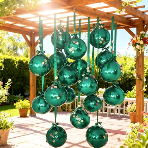 Image of 14 Pcs Green Round Foil Balloons 22 /15 /10 Hunter Emerald Forest Green Metallic 4D Ball Balloon Ornament Mylar Balloon Chrome Birthday Grad Wedding Anniversary Safair New Year Disco Party Decor