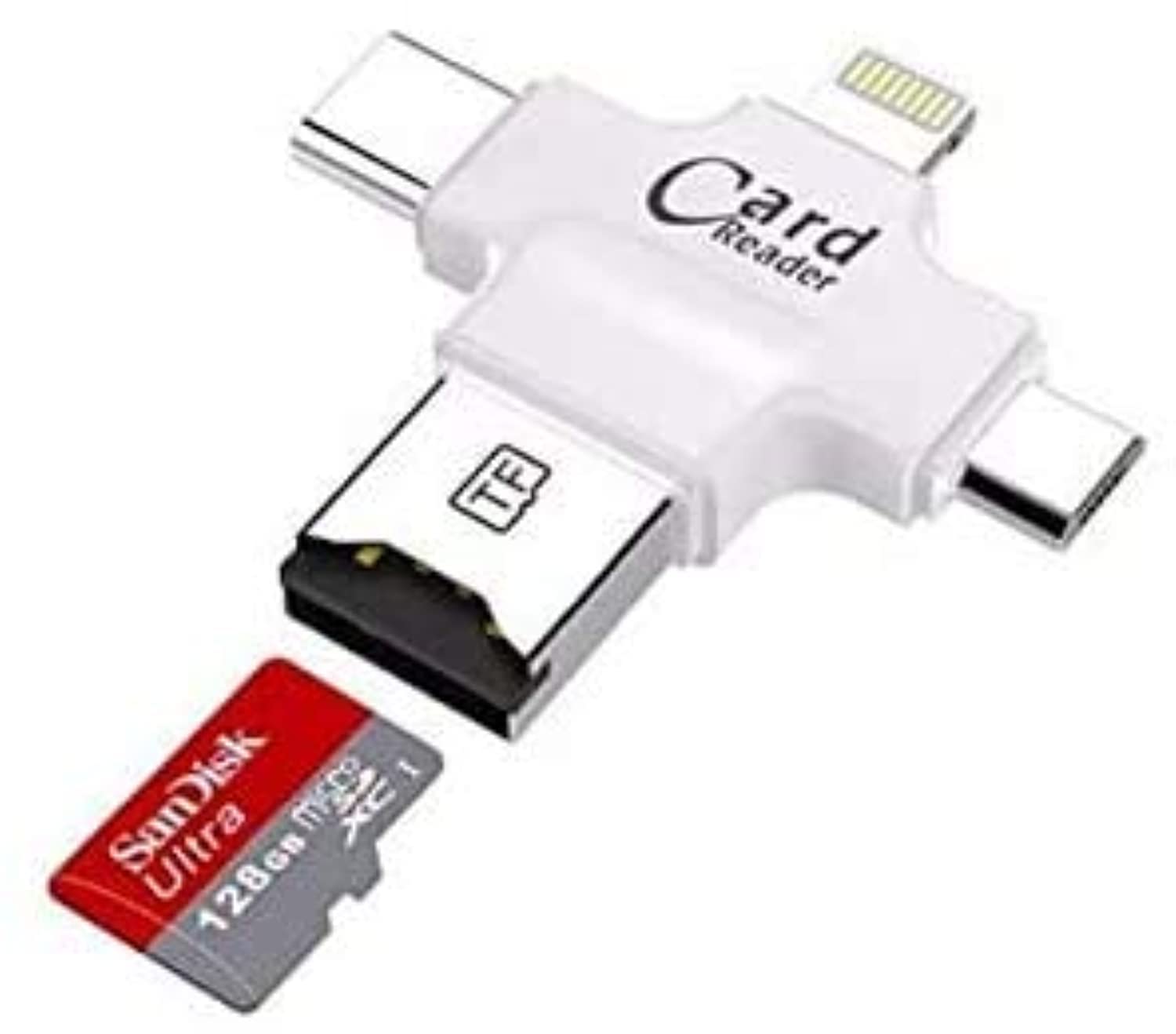 Padom 4 in 1 Micro SD Card Reader with Type C USB Connector OTG HUB Adapter, Lightning connector, TF Flash Memory Card Readers For iPhone iOS/Android USB2.0/Windows (WHITE)