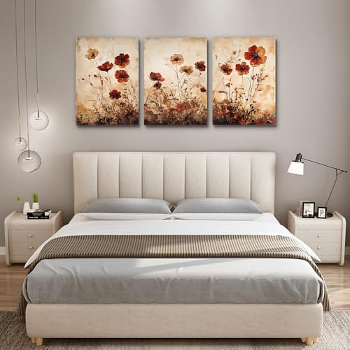 DZRWUBHS Boho Wall Art For Living Room Minimalist Wall Decor For Bedroom Vintage Flowers Pictures Office Decorations Bathroom Canvas Prints Modern Aesthetic Home Decor Artwork 3 Piece Ready To Hang
