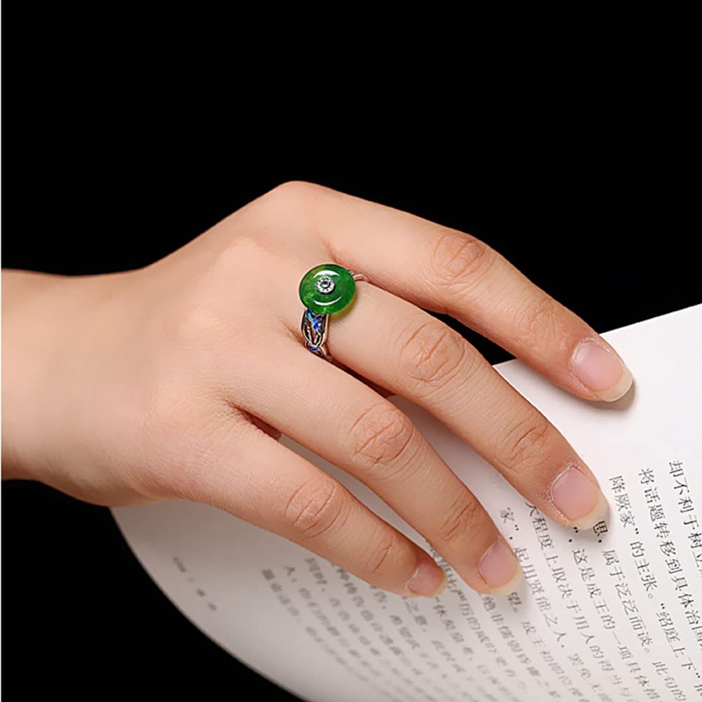 S925 Sterling Silber Green Jade Circle Ring Asian Style Rundes Glück Amulett Ring Charmanter Glück Schmuck für Frauen Mädchen