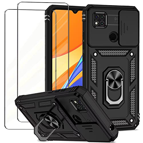 NEINEI Funda para Xiaomi Redmi 10A/9C con 2 Vidrio Templado,Funda con Protección de la Cámara,Militar Carcasa Caso con Magnético y Soporte Outdoor Proteccion Case Cover,Negro Cover