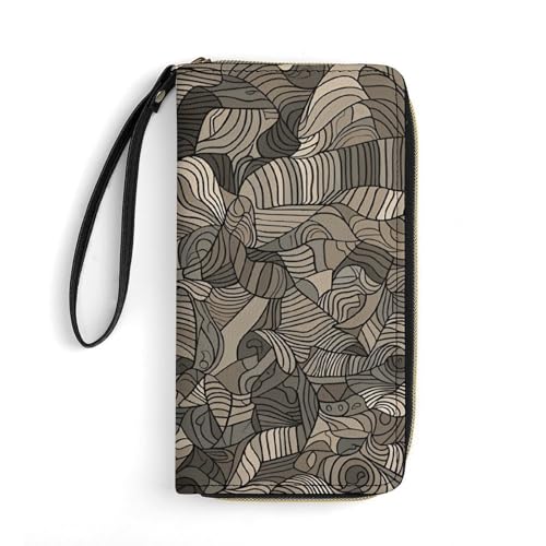 Beige Block Pattern Leather Wallet Smooth Zip Around Clutch Wristlet Travel Long Soft Purse for Women