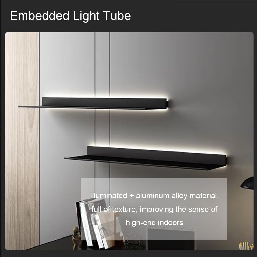 Mensole Da Parete Sospese Con Luce A Led, Mensole Illuminate Montate In Metallo Per Bancone Bar E Bagno, Mensole Portaoggetti Che Emettono Luce Per L'arredamento Della Casa(Size:120x23cm,Color:Nero)