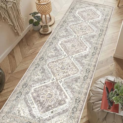 KUTA Vintage Washable Kitchen Runner 3x8, Non Skid Washable 8 ft Hallway Runners Ivory Grey Yellow, Soft Printed Oriental Carpet Rugs for Entryway Indoor Dining Room Bedroom Living Room Décor