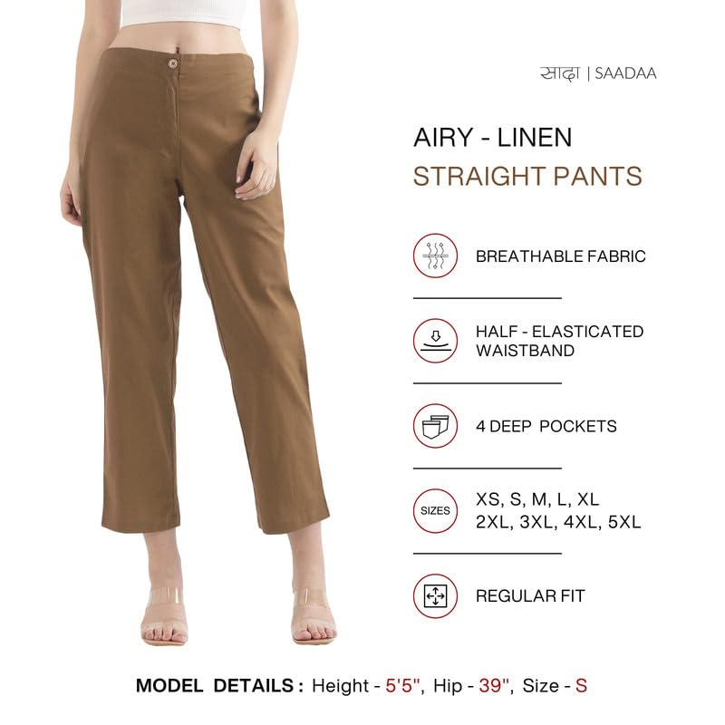 Image of SAADAA Women's Airy Linen Straight Pants | Regular Fit Trousers | Half Elasticated with Drawstrings & Buttons | 4 Pockets | Everyday & Office Wear