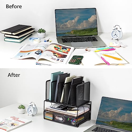 Amazon Basics Mesh Desk Organiser with Sliding Drawer, Double Tray and 5 Upright Sections, Black - Image 6