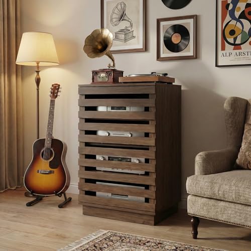 holzart Modern Slatted Audio Component Cabinet, 4-Tier...