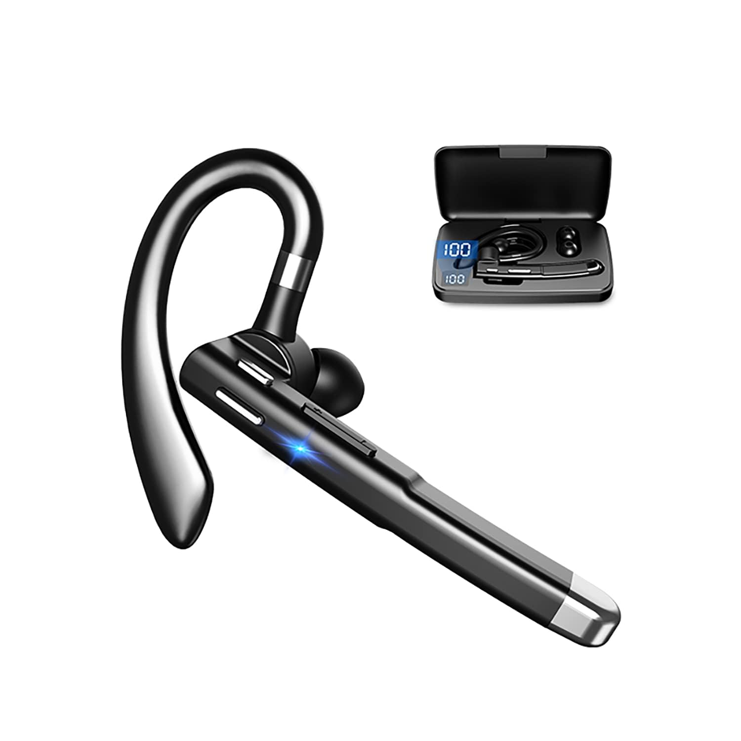 Bluetooth Earpiece V5.1 Headset with LED Charging Case, Waterproof Hands-Free Wireless Earphone for Business, Office & Driving, Noise Cancelling Mic, Compatible with Android/iPhone Devices