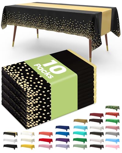 Image of Pureegg Plastic Table Cloth Disposable 10 Pack, 54 x 108 Inch, Table Runner Style, Graduation Decorations 2026, Party Tablecloths, Rectangle, Plastic Cover, Leakproof & Sturdy, Black Gold