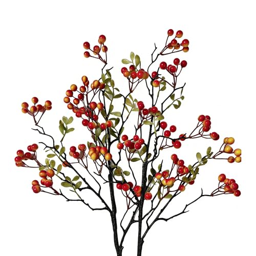 gsjzyBrose 2-Pack 27.5 Inch Red Berry Stems Artificial Red Branches Bendable Faux Branches with Berry Stems for Home Decor Weddings Parties(Orange-red)