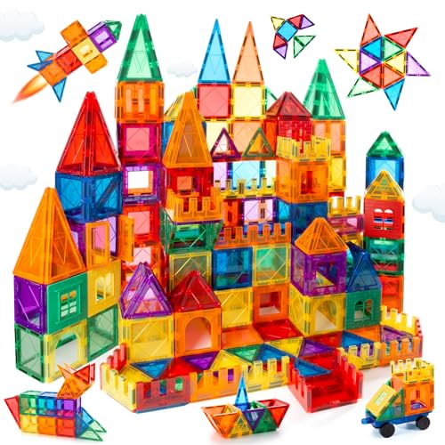 MagHub 100PCS Building Blocks Kids Magnetic Tiles, Clear 3D Magnets for Preschool Magnetic Toys, Building Construction STEM Educational Toys for 3+ Years Old Boys and Girls