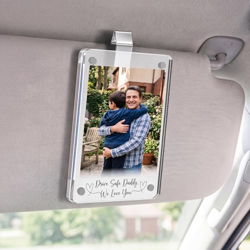 Mifoci Drive Safe Car Visor Clip for Dad Drive Safe Daddy We Love You Visor Clip Photo Frame Gifts for Fathers Day from Daughter Son Acrylic Magnetic Car Picture Holder Birthday Gifts for Men
