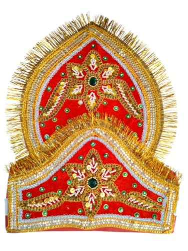 Image of BookMyCostume Traditional Red Mukut for Adults - Adjustable Crown with Pearl Work & Velcro Closure | Ideal for Ramleela, Goddess Costume & Fancy Dress Events