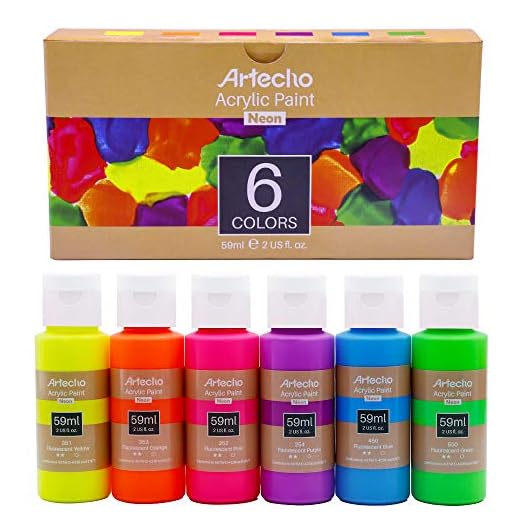 Artecho Pinturas Acrilicas Fluorescente 6 × 59 ml, Neon Pintura, Fluorescente bajo luz UV, para Lienzos, Textil, Madera, Cristal, Piedras.