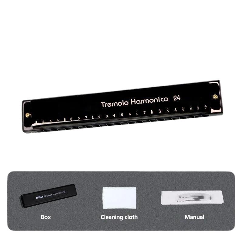 Mundharmonika Set 24-Loch-Mundharmonika aus Metall Mundharmonika Musikinstrument Anfänger Unterricht Spielen Geschenk Kupferkern Harmonium Blues Clues(Black)