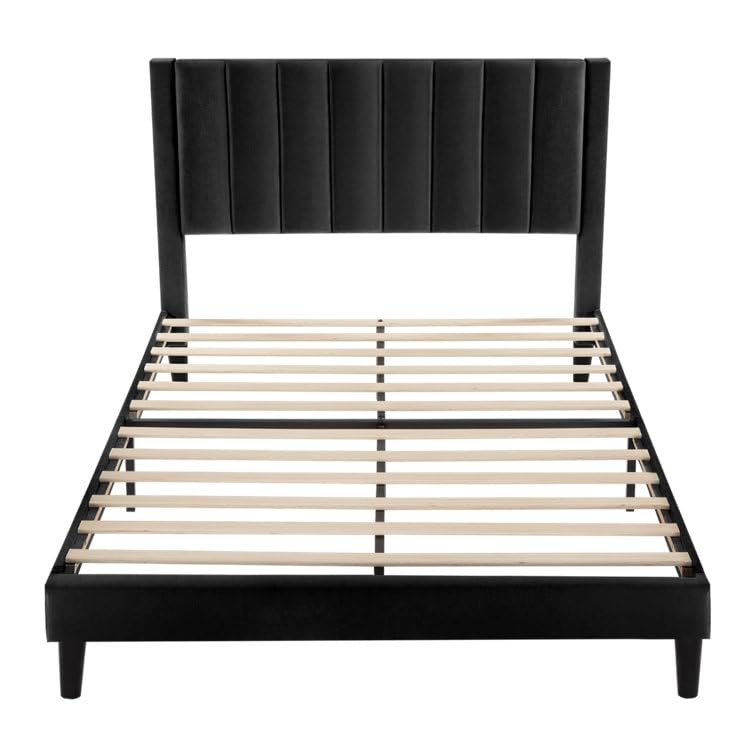 Image of HITHOS Modern Upholstered Queen Size Bed with Wingback Headboard | Wooden Double Bed Cot Palang Without Storage for Living Room Bedroom Home (Black) 1 Year Warranty