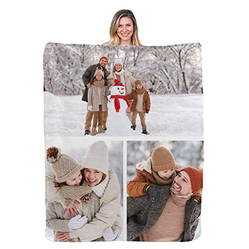 Ultra-Soft Sherpa-Backed Custom Photo Fleece Blanket w/ 3 Photo Collage Cozy Warmth, High-Definition...