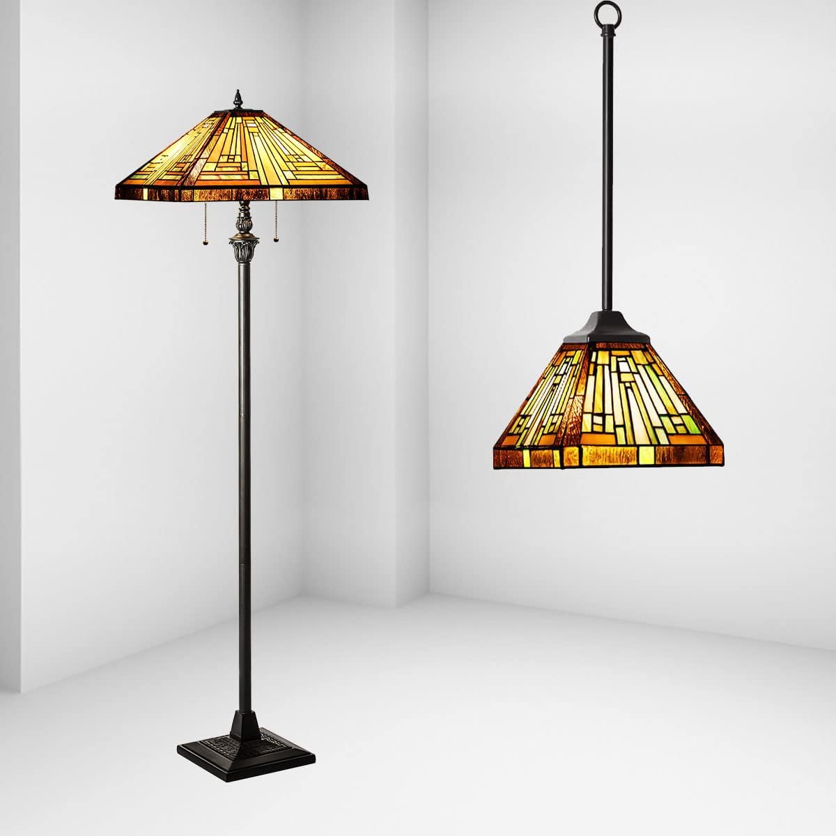 Capulina Amber Brown Series Set of 2 Tiffany Floor Lamp Pendant Light Decor for Living Room Bedroom Study Home Office
