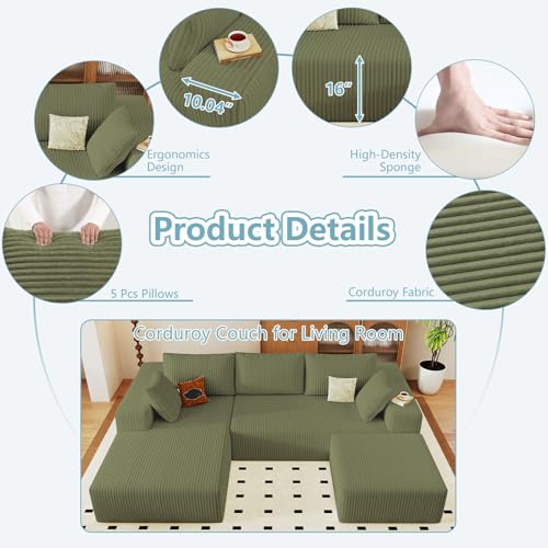 Image of 96 inch Boneless Cloud Sectional Couch Modular Sofa with Ottoman | Modern U-Shaped Couches, Comfy Corduroy Memory Foam Sofas with Oversized Chaise for Living Room (Green,Left-Facing Chaise)