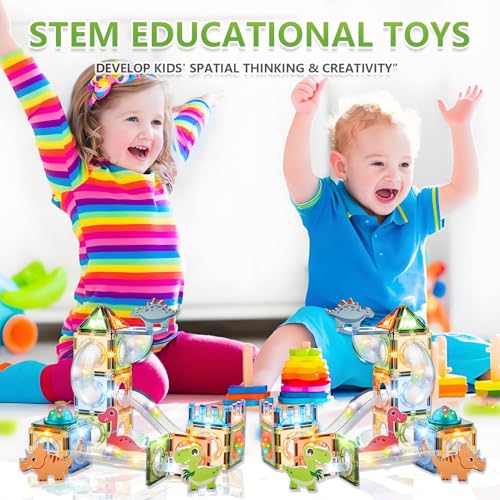 Magnetic Tiles Marble Run STEM Building Set 3D Educational Construction Kit Learning Stem Sensory Stacking Toys Birthdays Gifts Classrooms Game for Kids Ages 3-8 (64Pcs Dinosaur Theme) - Image 3