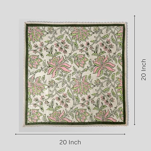 Image of FINGERCRAFT Floral Print Cloth Napkins Set of 6, 20x20 Inch, Cotton Linen Blend with Lace Edge, Block Print Table Napkins, Reusable Dinner Napkins for Dining, Parties & Festive Tables (Pink Flower)