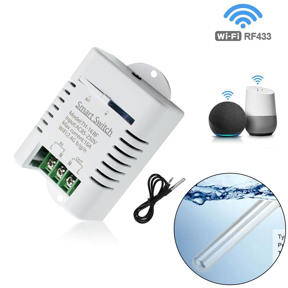 RANRAO Module de Commutation de température de Surveillance Intelligente WiFi 2,4 GHz avec kit de capteur de température Fonctionne avec pour EWeLink/Alexa/ Home IFTTT 16A