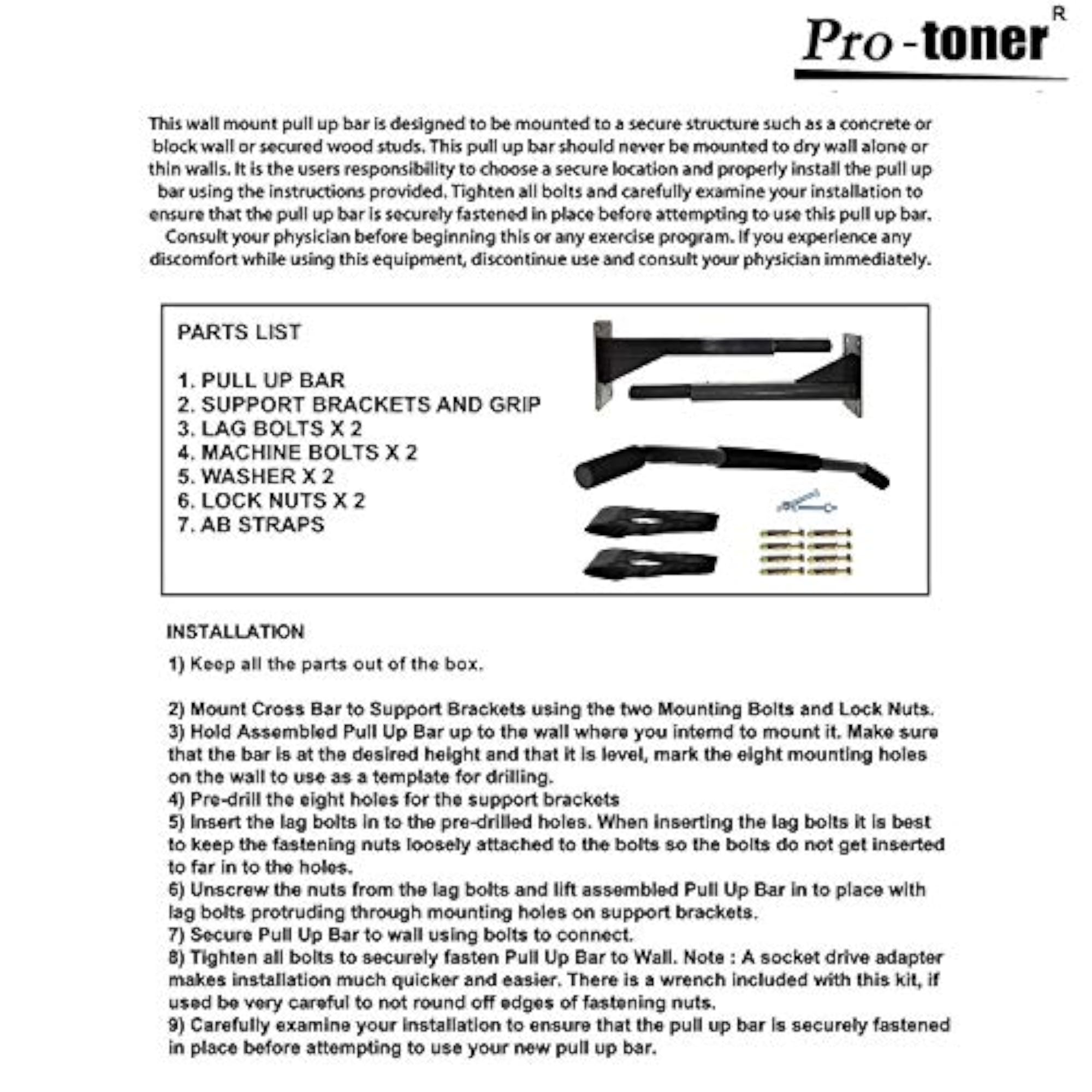 Wall Mounting Chin Up Bar with Ab Straps