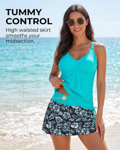 Image of Daci Womens Tankini Swimsuits with Skirt 2PC Bathing Suit | Tummy Control, V Neck, Full Coverage, Removable Pads, High Waisted Skirt, Side Drawstring, Adjustable Straps, Beach, Pool
