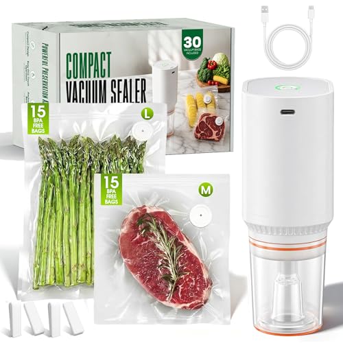 1800mAh Compact Vacuum Sealer for Food, 60kPa Powerful Handheld Sealer with 30 Reusable Bags & 4 Sealing Clips, Visible Large-Capacity Water Tank, Portable for Kitchen, Camping, Meal Prep (White)