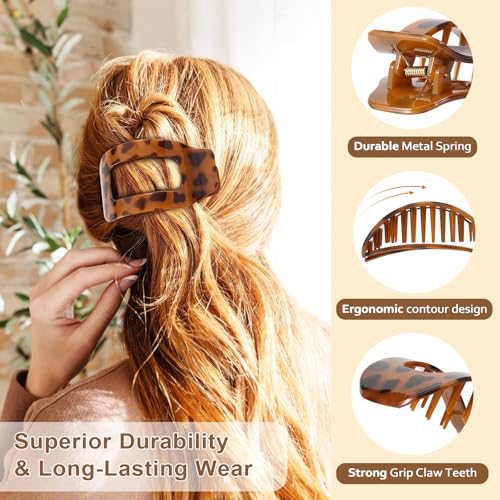 Image of 4 PCS Flat Hair Clips for Women, Large French Flat Claw Clips for Thick Thin & Curly Hair, Strong Hold Non Slip Leopard Print Jaw Clips Hair Accessories for Girls Valentine's Day Gift, Tortoise