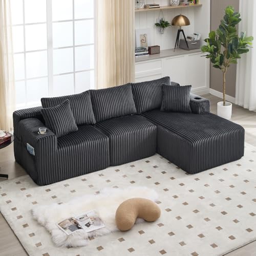 Sofá de esquina con chaise longue, sofá de compresión, sofá de 3 plazas, funda de pana, 5 cojines, bolsillos laterales y portavasos, sin necesidad de montaje, listo para usar (gris)