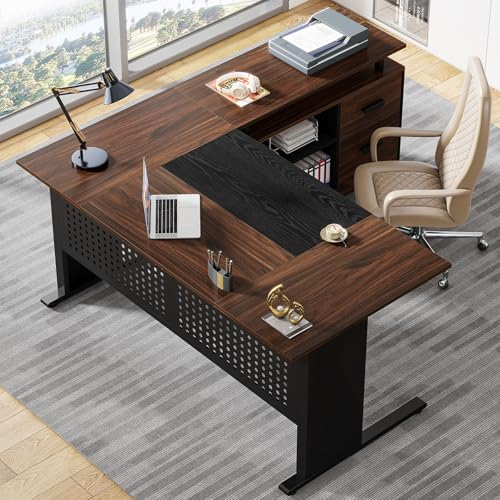 Image of Tribesigns 63 Inch Executive Desk with File Cabinet, Large Office Desk L Shaped Computer Desk with Drawers and Storage Shelves, Business Furniture Desk for Home Office, Dark Walnut and Black