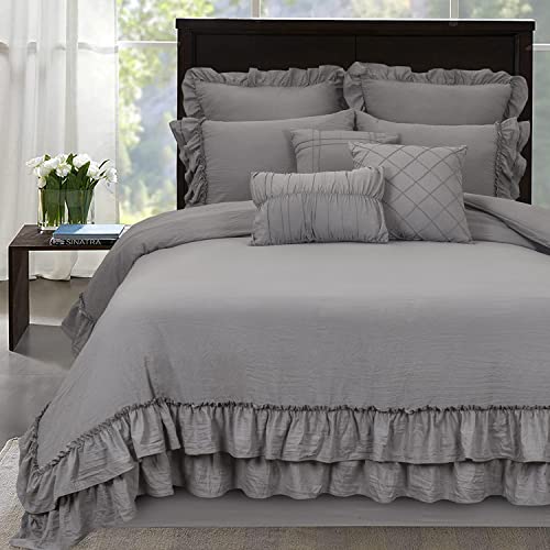 Homechoice Decor 8-Piece Dark Gray Farmhouse Ruffled Comforter Set, Queen Boho Bed Set For Guest Room, Classy Washed Microfiber Bed In A Bag - 1 Comforter, 2 Shams, 2 Euro Shams, 3 Pillows (Lq-19) #TOP18