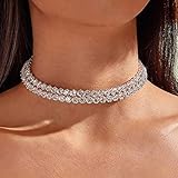 JONKY Layered Rhinestone Choker Necklace Silver Crystal Necklaces Chain Sparkly Row Necklace Fashion