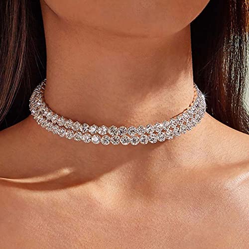 Jonky Layered Rhinestone Choker Necklace Silver Crystal Necklaces Chain Sparkly Row Necklace Fashion Party Collar Jewelry For Women And Girls #TOP9