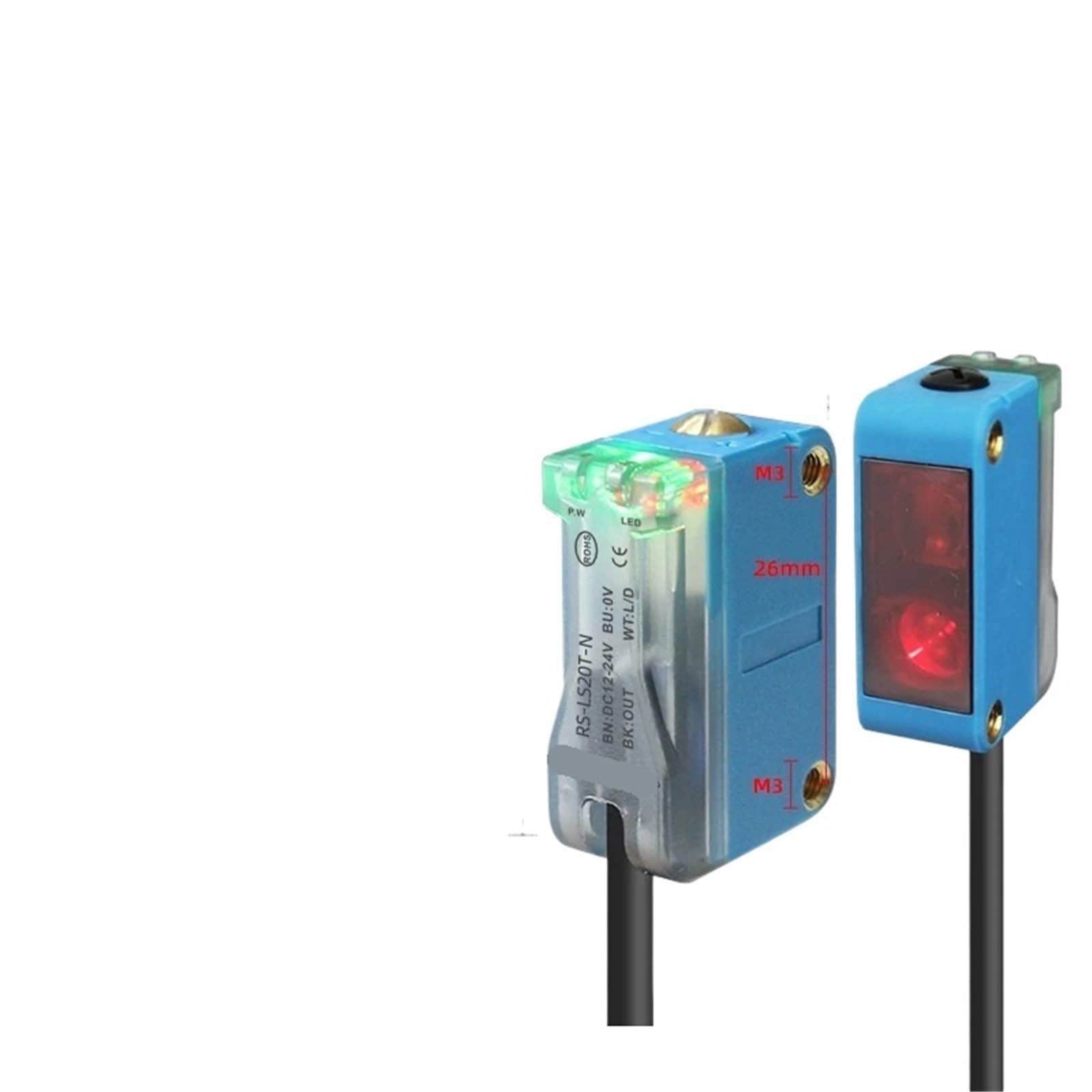 Czujnik podczerwieni z tłumieniem tła, odbicie rozproszone, odbicie światła, odbicie soczewek, 30 cm-2 M, NO i NC, NPN(RS-LS20T-N-20M-Laser, NPN NO and NC)