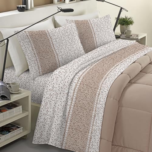 Banzaii Completo Lenzuola Francese Invernale in Flanella Felpate 100% Cotone Anti-Pilling Francese Jenny Beige
