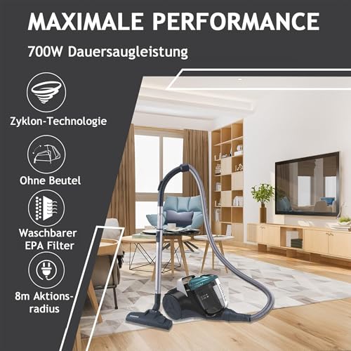 Hoover Staubsauger Tierhaare Breeze PET mit Tier-Düse I Tierhaar-Staubsauger ohne Beutel für Hundehaare & Katzenhaare I Mit größenverstellbarem Stab, EPA-Filter, 5m Kabel mit Auto-Aufwicklung & Griff