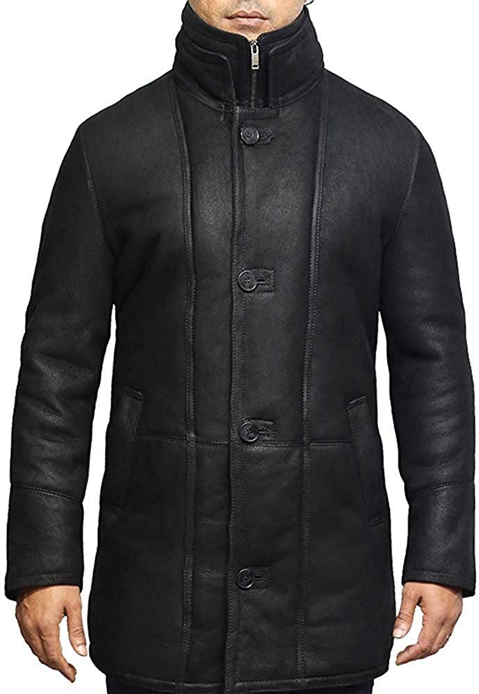 BRANDSLOCK Herren Schaffell Lammfell Leder Warm Duffle Trench Coat