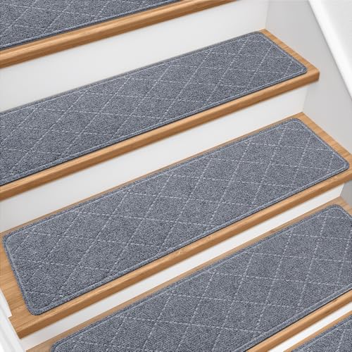 Image of DailyCuddles Stair Treads for Wooden Steps 15 PCS - 8’’ x 30’’, Non Slip Stair Runner, Machine Washable Stair Rugs Strips for Kids Pets and Elderly, Indoor Carpet for Stairs (Grey)