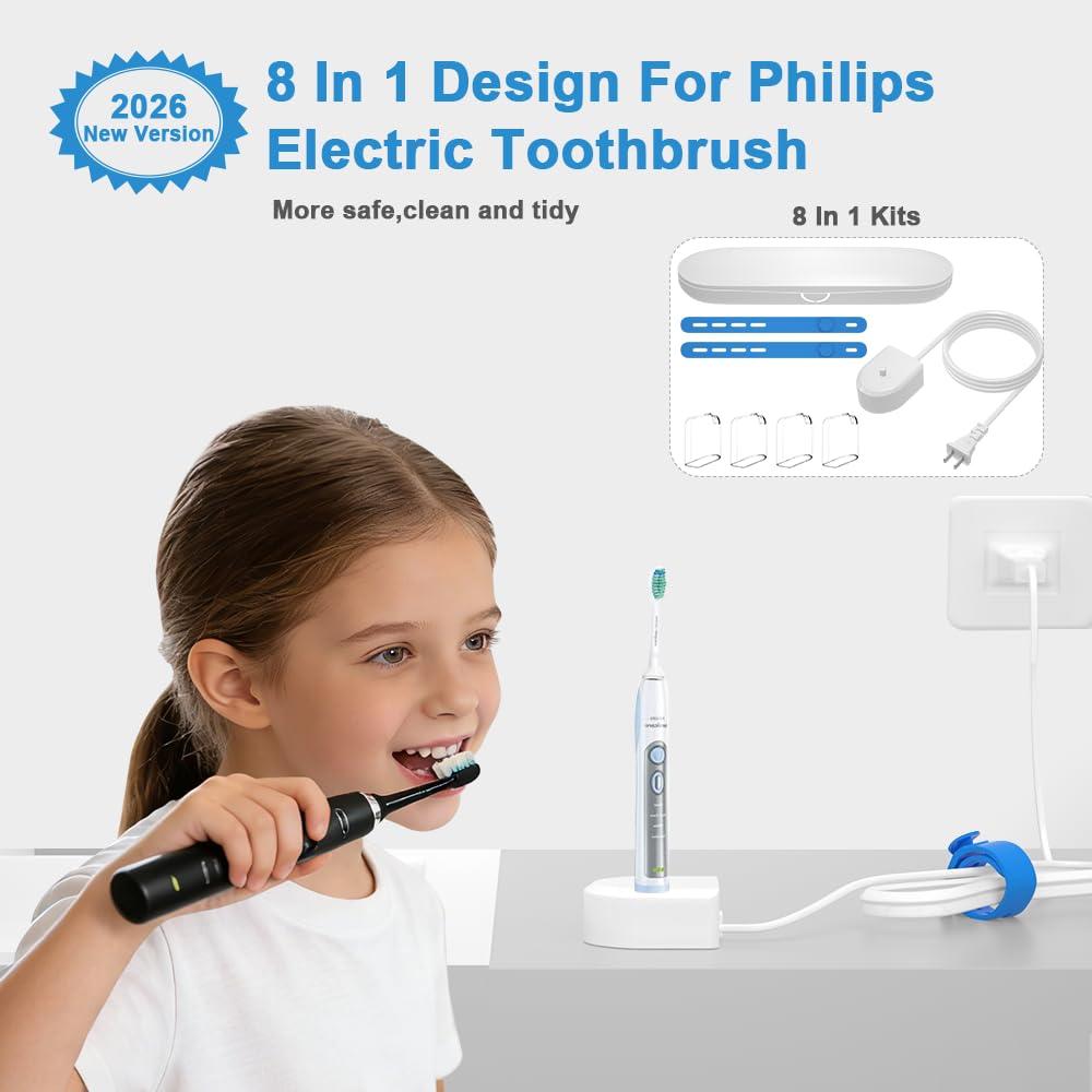 8-in-1 Ersatz-Ladestation (und Reiseetui, 4 x Zahnbürstenköpfe, staubdichte Abdeckung, 2 Silikon-Kabelbinder) für Philips Sonicare elektrische Zahnbürste HX6100/HX3000/HX6000/HX8000/HX9000 Serie