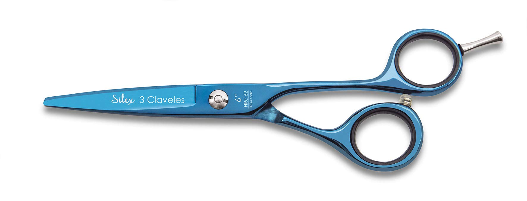 3 Claveles Sílex - Tijera de peluquero de corte 6", recubrimiento nitruro titanio azul, tijera peluquería dedales ergonómicos, con apoyadedos
