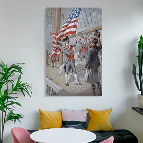 Vintage Illustration Posters Room Aesthetics, (Henry Alexander Ogden) Raising The Flag On A Colonial Ship, Gym Bedroom Living Room Bar Office Dining Room Wall Decor Canvas Painting Wall Art Poster For #TOP5